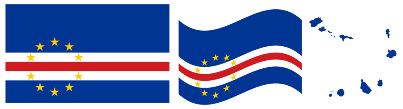 Cape Verde National Flag and Archipelago Map Silhouette Set: Official Blue Field with White and Red Horizontal Stripes and Ten Gold Stars Circular Emblem Graphic Design Elements for Cabo Verde Nation
