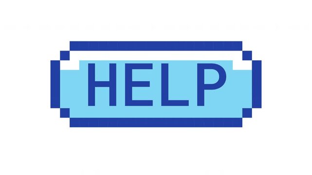 Help retro pixel button animation. Assistance request. Customer support. User guidance. Website faq service. Animated 8-bit arcade-style CTA overlay. Classic game-inspired UI call-to-action