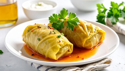 Stuffed cabbage rolls on white plate with parsley garnish healthy and delicious meal served in a bright modern setting.