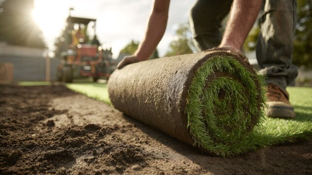 sod installation, a landscaper wearing a grey t-shirt and work boots lays down vibrant green sod on dark prepared soil, transforming it into a perfect lawn