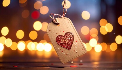 Romantic Gift Tag with Heart Decoration and Bokeh Lights for Valentine's Day and Special Occasions.
