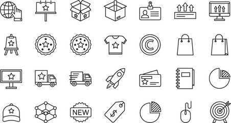 Set of business, marketing, and e-commerce outline icons including packaging, branding, delivery, analytics, advertising, and startup symbols, minimal line vector illustrations