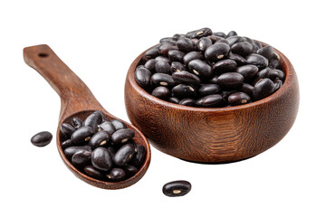 Fototapeta premium Black beans in a wooden bowl and spoon