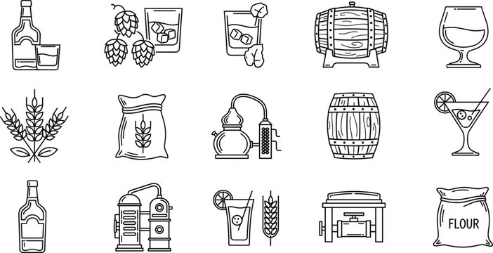 Set of brewery and distillery outline icons including beer, hops, barrels, grain, cocktails, and alcohol production equipment, minimal line vector illustrations