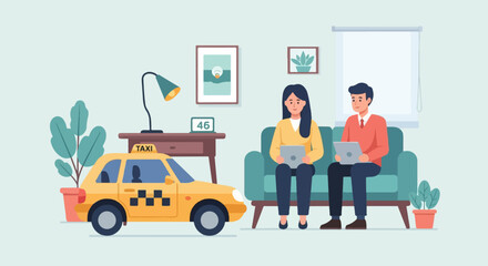 Two people sit on a couch with tablets as a yellow taxi and plant sit nearby