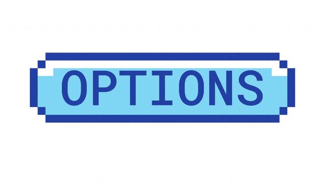 Options retro pixel button animation. Customizable settings. Adjust preferences. Configuration tool. User controls. Animated 8-bit arcade-style CTA overlay. Classic game-inspired UI call-to-action