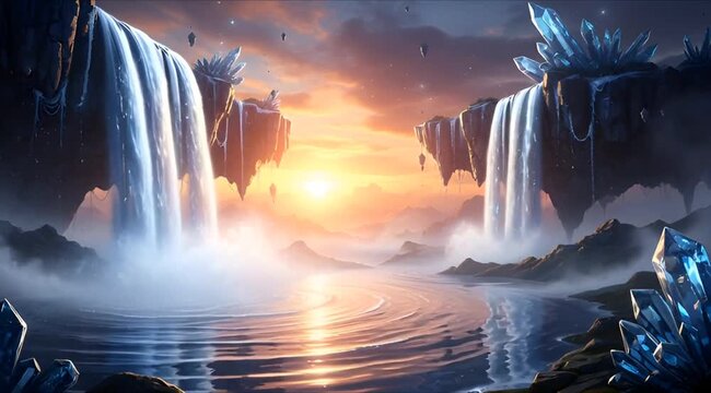 sunrise waterfall rainbow fantasy seamless looping video background motion footage