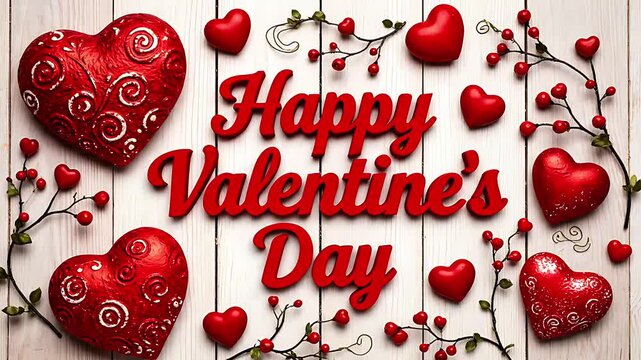 Vibrant three-dimensional red hearts with ornate scrollwork surround the bright, bold, cursive text proclaiming "Happy Valentine's Day" across a rustic white wooden surface.