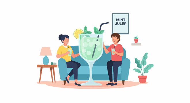 Two people relax on a couch, enjoying a very large mint julep