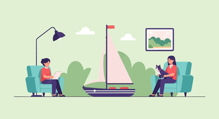 Naklejka na ściany i meble Two people relax indoors with a sailboat decoration and pets