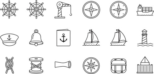 Set of nautical and maritime outline icons including ship wheel, compass, anchor, lighthouse, sailboat, and sea navigation symbols, minimal line vector illustrations © MdMostafijur