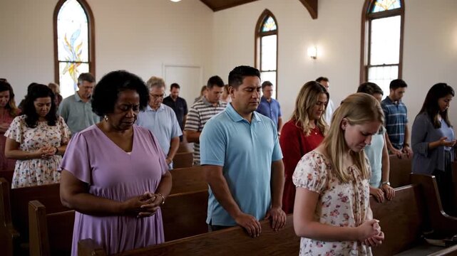 Congregation praying in church pews.