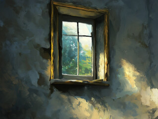 A Rustic Window Casting Golden Light onto a Vintage Mirror