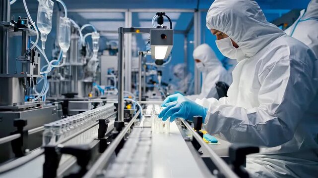 Automated pharmaceutical cleanroom production with robotic vial filling machines and technicians in sterile suits under cool clinical lighting