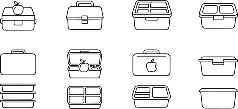 Outline lunch box and food container icon set featuring reusable meal prep boxes with apple symbol for healthy eating and storage concepts