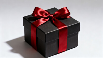Fototapeta premium A luxurious black gift box adorned with a vibrant red satin ribbon, perfect for any special occasion