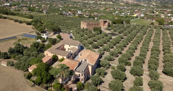 Aerial view of Santa Maria della Roccella, an abbey located in the Scolacium National Archaeological Park and Museum, in the municipality of Borgia, in the province of Catanzaro, Calabria, Italy.