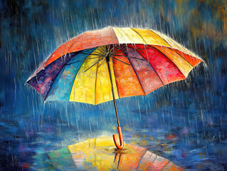 A Bright Umbrella Protecting Against the Rain in a City