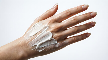 Professional beauty shot of moisturizer application on smooth skin against a white background.