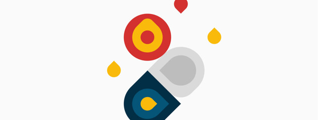 Obraz premium Abstract shapes, circles, squares overlap. Colors include red, yellow, gray, blue. Minimalist design, simple composition.