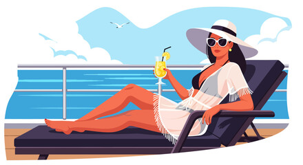 Obraz premium A chic woman in a wide-brimmed hat lounges on a sunny cruise deck, sipping a yellow cocktail while enjoying the calm ocean breeze and scenic view