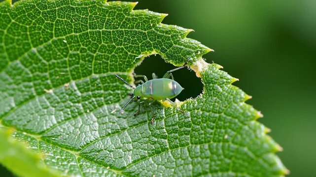 Macro View of Chewed Leaf with Hole and Tiny Caterpillar.