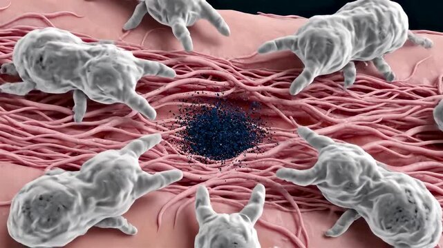 Laser breaking tattoo ink inside skin as pigment shatters into microscopic particles and immune cells remove debris in medical animation