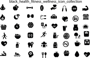 Comprehensive Set of Black Health and Fitness Icons with Wellness and Medical Symbols