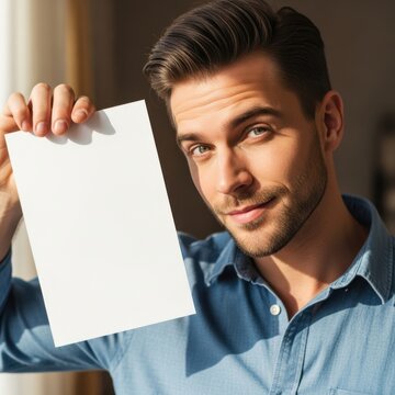 Man holding a blank piece of paper with a thoughtful expression on his face