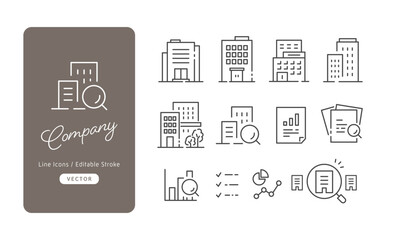 企業研究や会社案内に使えるオフィスビルとグラフのベクターアイコンセット（線画・モノクロ･アウトライン）Editable stroke
