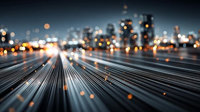 Cityscape grid pattern with blurred lights at dusk from a low angle perspective.