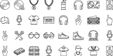 Minimal outline hip hop culture icon set featuring music equipment, street fashion, microphones, headphones, hand gestures, and urban lifestyle symbols
