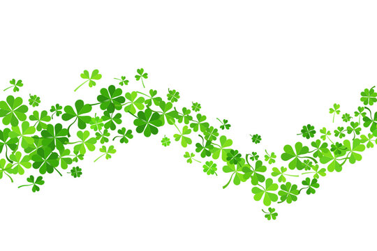 Shamrock clover background. St. Patrick day green leaves wave. Celtic spring party design. Floral flying confetti for banner and poster. Vector trefoil illustration - symbol of luck