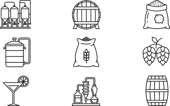 Minimal outline brewery and distillery icon set featuring barrels, grain sacks, hops, bottles, and alcohol production equipment for beverage and craft design