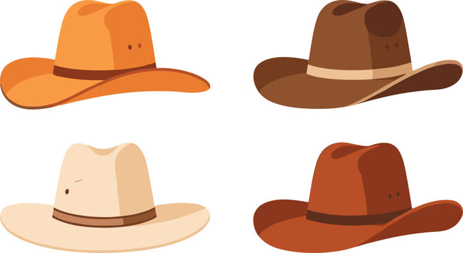 Cowboy hat icon set featuring western ranch style hats in different brown and beige colors for country fashion, rodeo, and vintage design projects