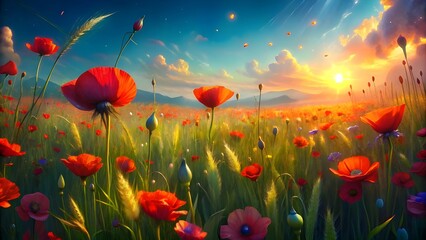 Fototapeta premium Field of red poppies swaying in the wind, green meadow under bright summer sky, vivid colors, shallow depth of field, sunlight glow