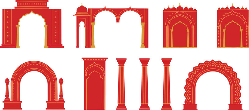 Traditional Indian Palace Arch and Pillar Vector Set with Ornate Mughal Entrance Designs