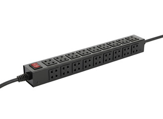 Professional black industrial power strip featuring multiple universal outlets and a red power switch, ideal for rack mount server equipment and efficient cable management solutions.