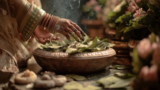 Devotee Performing Ritual Offering during Vishnu Ekadashi Festival with Traditional Decorations and Sacred Items