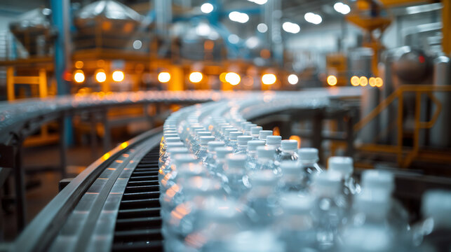 bottle unscrambling process, an automated bottle unscrambler in a clean factory organizes plastic bottles in a bright, spacious, neutral-colored environment