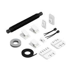 Professional cable management kit with a black braided cord sleeve, white adhesive wire clips, desktop cable organizers, and zip ties for a clean and tidy home office desk setup organization.