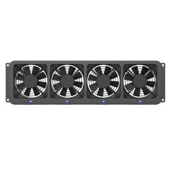 A high-performance server rack cooling fan panel with four powerful black fans and blue LED indicators, designed for data center hardware ventilation and industrial equipment cooling.