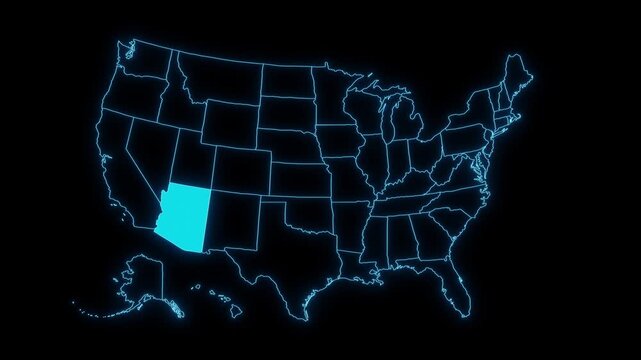 Arizona state highlighted on USA outline map 4k animation