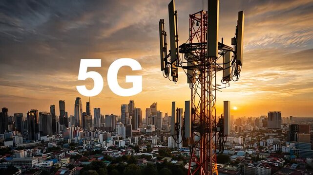 A 5G cell tower stands tall in a cityscape at sunset with a vibrant orange sky.