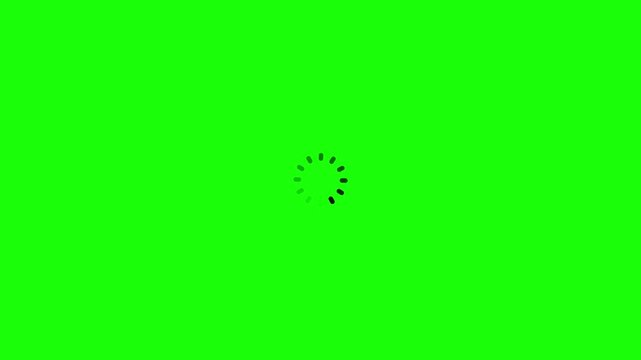 A bright green screen featuring a black loading spinner in the center