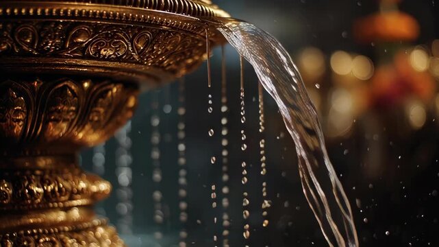 Close-up of Ornate Brass Water Fountain with Flowing Water  Traditional Religious Decor  and Warm Ambient Lighting for Spiritual and Cultural Events