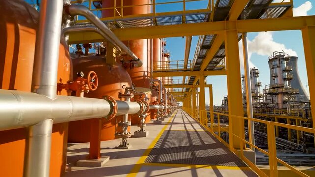 Large petrochemical refinery with red orange reactors steel piping networks and yellow walkways under bright midday industrial sunlight