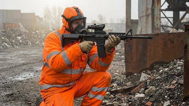 Man in protective gear aims firearm in desolate industrial wasteland zone action footage hazmat suit, gas.