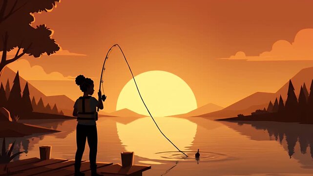 Woman fishing on lake shore at beautiful sunset