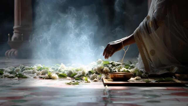 Devotional Ritual Scene Celebrating Vishnu Ekadashi with Flowers  Sacred Items  and Spiritual Atmosphere in Traditional Indian Setting